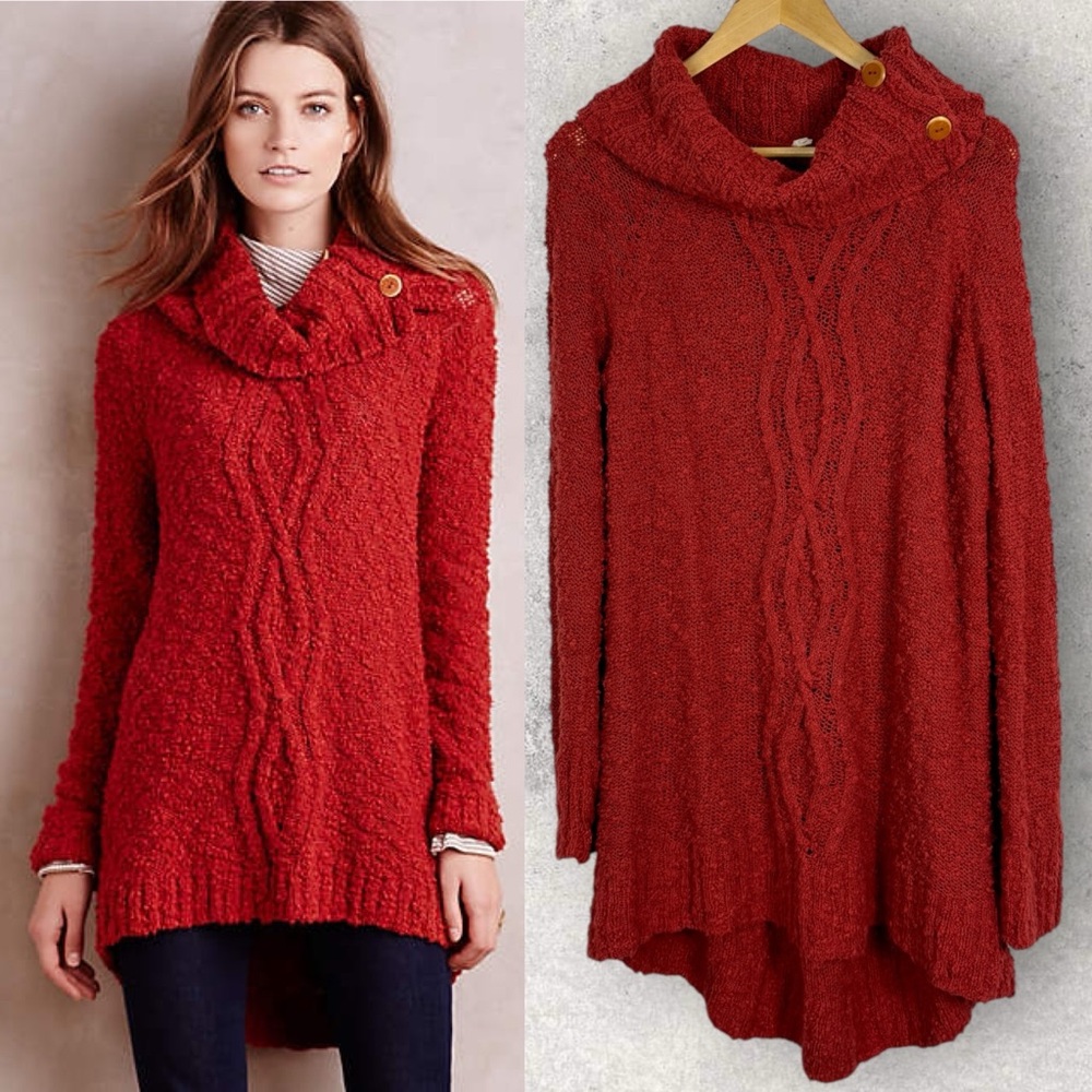 Anthropologie Moth Cable Knit Turtleneck Sweater Red Womens Size Large Long Boho